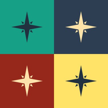 Renk Rüzgar gül simgesi renk arka planda izole. Seyahat için pusula simgesi. Navigasyon tasarımı. Vintage tarzı çizim. Vektör İllüstrasyonu