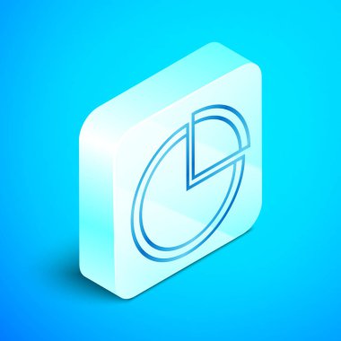 Isometric line Pie grafik bilgi simgesi mavi arkaplanda izole edildi. Diyagram çizelgesi. Gümüş kare düğme. Vektör İllüstrasyonu