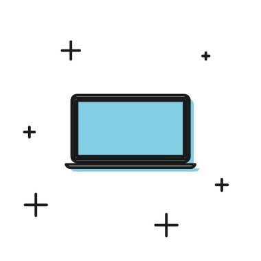 Beyaz arkaplanda siyah dizüstü bilgisayar simgesi izole edildi. Boş ekran işaretli bilgisayar defteri. Vektör İllüstrasyonu