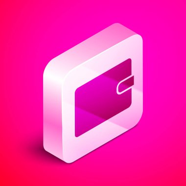 İzometrik Cüzdan simgesi pembe arka planda yalıtılmış. Çanta simgesi. Nakit tasarruf sembolü. Gümüş kare düğme. Vektör İllüstrasyonu