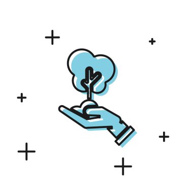 Beyaz arka plan üzerinde izole çevre koruma simgesi elinde Siyah Ağaç. Tohum ve fide. Fidan dikimi. Ekoloji kavramı. Vektör İllüstrasyonu