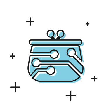 Beyaz arka planda yalıtılmış Siyah Cryptocurrency cüzdan simgesi. Cüzdan ve bitcoin işareti. Madencilik konsepti. Para, ödeme, nakit, ödeme simgesi. Vektör İllüstrasyonu