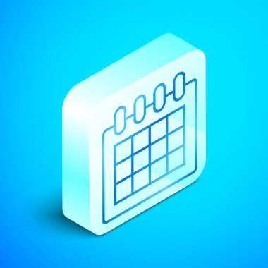 Mavi arka planda yalıtılmış izometrik çizgi Takvim simgesi. Olay hatırlatıcı sembolü. Gümüş kare düğme. Vektör İllüstrasyonu