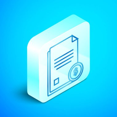 Mavi arka planda yalıtılmış izometrik çizgi Finans belge simgesi. Fatura veya fatura kavramı için dolar sikke ile Kağıt banka belgesi. Gümüş kare düğme. Vektör İllüstrasyonu