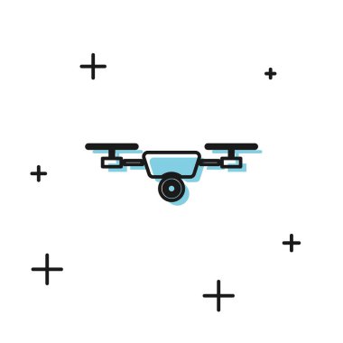 Siyah Drone beyaz arka plan üzerinde izole aksiyon video kamera simgesi ile uçan. Video ve fotoğraf makinesi sembolü ile Quadrocopter. Vektör İllüstrasyonu