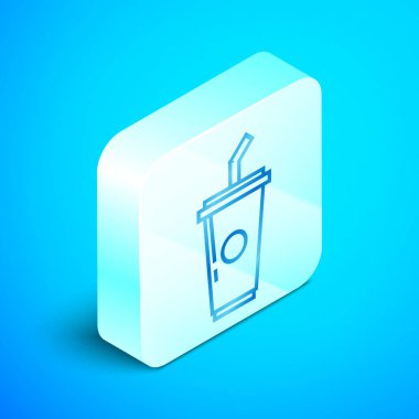 İzometrik hat İçme saman ve su simgesi mavi arka plan üzerinde izole ile Kağıt cam. Soda bardak iç. Taze soğuk içecek sembolü. Gümüş kare düğme. Vektör İllüstrasyonu