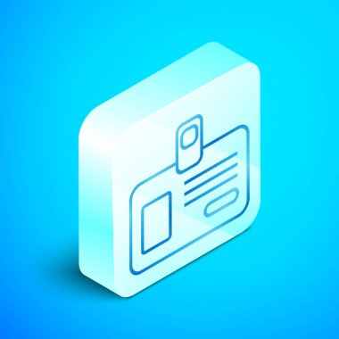 Mavi arka planda yalıtılmış izometrik çizgi Tanımlama rozeti simgesi. Bu sunum için kullanılabilir, şirketin kimliği, reklam. Gümüş kare düğme. Vektör İllüstrasyonu