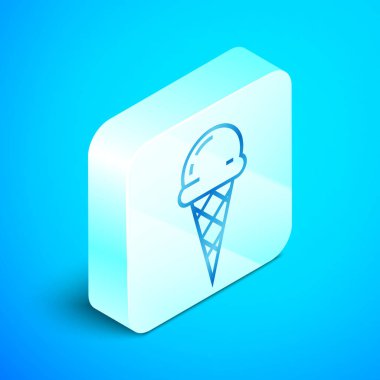Mavi arka plan üzerinde izole waffle konisi simgesiizometrik çizgi Dondurma. Tatlı bir sembol. Gümüş kare düğme. Vektör İllüstrasyonu