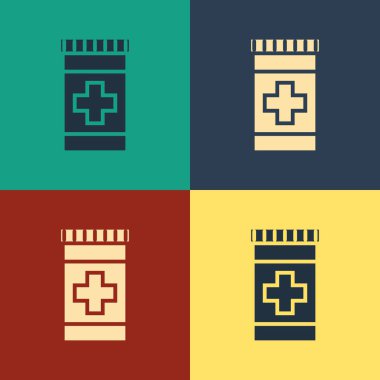 Renk Tıbbı şişe simgesi renk arka planda izole. Şişe hapı işareti. Eczane tasarımı. Vintage tarzı çizim. Vektör İllüstrasyonu