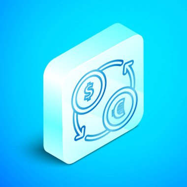 Mavi arka planda yalıtılmış izometrik çizgi Para değişimi simgesi. Euro ve Dolar nakit transferi sembolü. Bankacılık para birimi işareti. Gümüş kare düğme. Vektör İllüstrasyonu