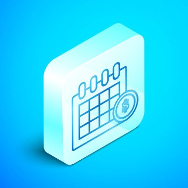 İzometrik çizgi Mavi arka planda yalıtılmış mali takvim simgesi. Yıllık ödeme günü, aylık bütçe planlaması, sabit dönem kavramı, kredi süresi. Gümüş kare düğme. Vektör İllüstrasyonu