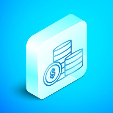 Mavi arka plan üzerinde izole dolar sembolü simgesi ile izometrik çizgi Sikke para. Bankacılık para birimi işareti. Nakit sembolü. Gümüş kare düğme. Vektör İllüstrasyonu