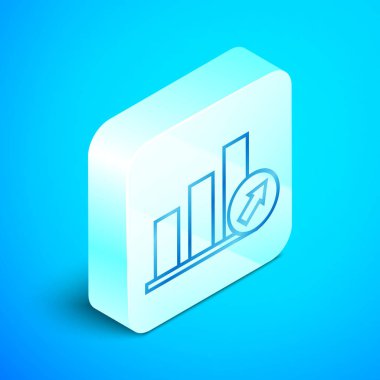 Mavi arka planda izole edilmiş dolar simgesi simgeli izometrik çizgi Hedef. Yatırım hedef simgesi. Başarılı iş konsepti. Nakit veya Para işareti. Gümüş kare düğme. Vektör İllüstrasyonu