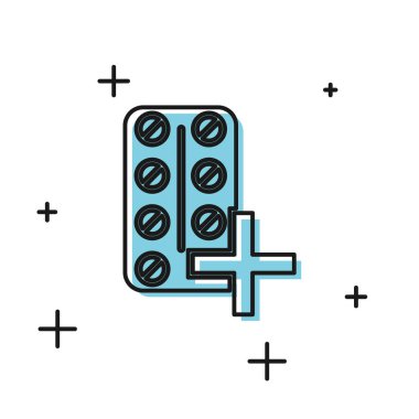 Beyaz arka planda izole blister paketi simgesi siyah Pills. Tablet için tıbbi ilaç paketi: vitamin, antibiyotik, aspirin. Vektör İllüstrasyonu