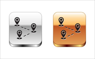 Beyaz arka planda yalıtılmış Siyah Rota konum simgesi. Harita işaretçisi işareti. Yol veya yol kavramı. Gps navigasyon cihazı. Gümüş-altın kare düğme. Vektör İllüstrasyonu