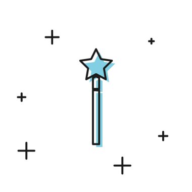 Siyah Büyü çubuk simgesi beyaz arkaplanda izole edildi. Yıldız şeklinde sihirli aksesuar. Sihirli güç. Vektör İllüstrasyonu