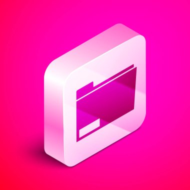 İzometrik Belge klasör simgesi pembe arka planda yalıtılmış. Muhasebe bağlayıcı sembolü. Muhasebe yönetimi. Gümüş kare düğme. Vektör İllüstrasyonu