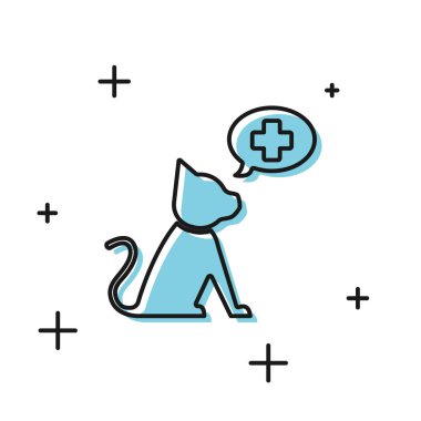 Siyah Veteriner kliniği sembol simgesi beyaz arka plan üzerinde izole. Kedi veteriner bakımı ile çapraz. Pet İlk Yardım işareti. Vektör İllüstrasyonu