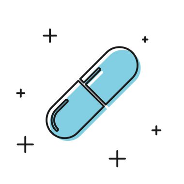 Siyah Tıp hapı veya tablet simgesi beyaz arka plan üzerinde izole. Kapsül hapı ve ilaç işareti. Eczane tasarımı. Vektör İllüstrasyonu