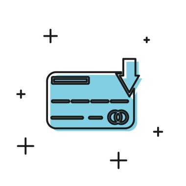 Siyah kredi kartı simgesi beyaz arkaplanda izole edildi. Çevrimiçi ödeme. Nakit çekilmesi. Finansal operasyonlar. Alışveriş tabelası. Vektör İllüstrasyonu