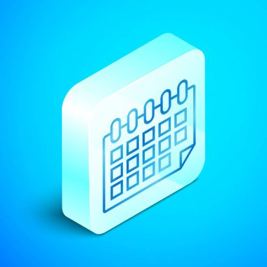 Mavi arka planda yalıtılmış izometrik çizgi Takvim simgesi. Olay hatırlatıcı sembolü. Gümüş kare düğme. Vektör İllüstrasyonu