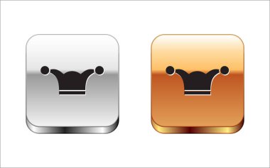 Beyaz arka planda izole edilmiş çanları olan siyah Soytarı şapkası. Palyaço simgesi. Lunapark komik adam işareti. Gümüş-altın kare düğme. Vektör İllüstrasyonu