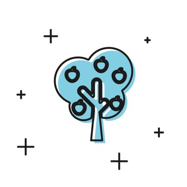 Beyaz arka planda izole elma simgesi ile Siyah Ağaç. Tarım tesisi. Organik tarım ürünleri. Bahçe teması. Vektör İllüstrasyonu