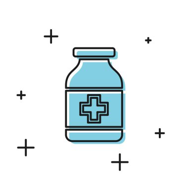 Siyah İlaç şişesi simgesi beyaz arka planda izole edilmiş. Şişe hapı işareti. Eczane tasarımı. Vektör İllüstrasyonu