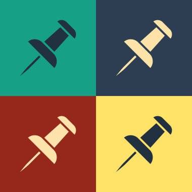 Renk arka planda yalıtılmış Renk İtme pin simgesi. Raptiyeler işareti. Vintage tarzı çizim. Vektör İllüstrasyonu