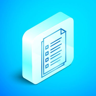 İzometrik çizgi Mavi arka planda yalıtılmış dosya belge simgesi. Denetim listesi simgesi. İş konsepti. Gümüş kare düğme. Vektör İllüstrasyonu