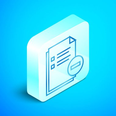 Mavi arka planda izole edilmiş eksi simgesi olan izometrik çizgi Belge. Belgeyi temizleyin. Dosya belgesini kaldırın. Bilgi dosyalarını silin. Gümüş kare düğme. Vektör İllüstrasyonu