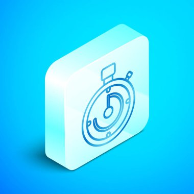 İzometrik çizgi Mavi arka plan üzerinde yalıtılmış evrak çantası simgesi. İş davası işareti. İş portföyü. Gümüş kare düğme. Vektör İllüstrasyonu