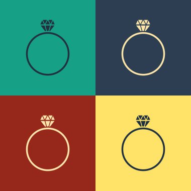 Renk arka planda yalıtılmış Renk Elmas nişan yüzüğü simgesi. Vintage tarzı çizim. Vektör İllüstrasyonu