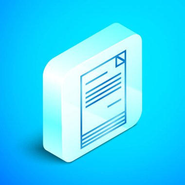 İzometrik çizgi Mavi arka planda yalıtılmış belge simgesi. Dosya simgesi. Denetim listesi simgesi. İş konsepti. Gümüş kare düğme. Vektör İllüstrasyonu