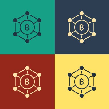 Renk Blockchain teknolojisi Bitcoin simgesi renk arka planda izole. Soyut geometrik blok zincir ağ teknolojisi iş. Vintage tarzı çizim. Vektör İllüstrasyonu