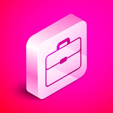 İzometrik Evrak Çantası simgesi pembe arka plan üzerinde izole. İş davası işareti. İş portföyü. Gümüş kare düğme. Vektör İllüstrasyonu