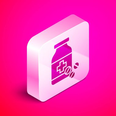 İzometrik Tıp şişe ve hap simgesi pembe arka plan üzerinde izole. Şişe hapı işareti. Eczane tasarımı. Gümüş kare düğme. Vektör İllüstrasyonu