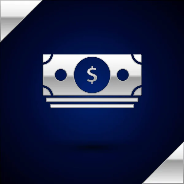 Silver stackar pappers pengar Cash ikonen isolerad på Mörkblå bakgrund. Pengar sedlar stackar. Växelvaluta. Vektor illustration — Stock vektor