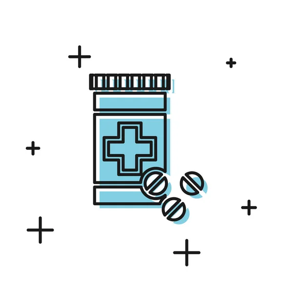 Black Medicine garrafa e pílulas ícone isolado no fundo branco. Sinal de pílula de garrafa. Design de farmácia. Ilustração vetorial — Vetor de Stock