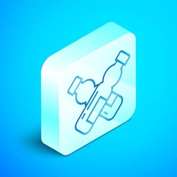 Línea isométrica Botella cruzada de icono de agua aislada sobre fondo azul. Signo de bebida de soda aqua. Botón cuadrado plateado. Ilustración vectorial — Archivo Imágenes Vectoriales