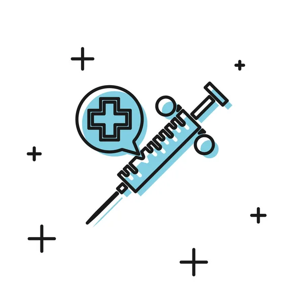 Schwarze medizinische Spritze mit Nadelsymbol auf weißem Hintergrund. Impfung, Injektion, Impfstoff, Insulinkonzept. Vektorillustration — Stockvektor