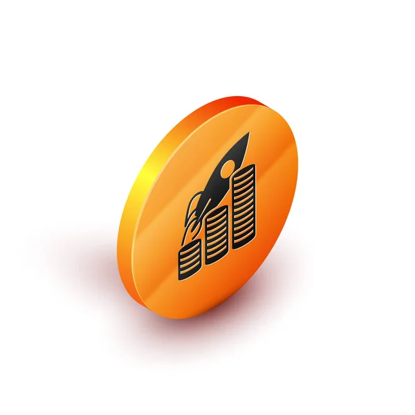 Isometrische Rakete fliegt auf Münzen Wachstumstabelle Symbol isoliert auf weißem Hintergrund. Grafik, die Umsatzzuwächse zeigt. orange Kreis-Taste. Vektorillustration — Stockvektor