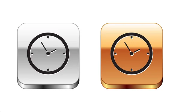 Ícone de relógio preto isolado no fundo branco. Símbolo temporal. Botão quadrado prata-ouro. Ilustração vetorial — Vetor de Stock