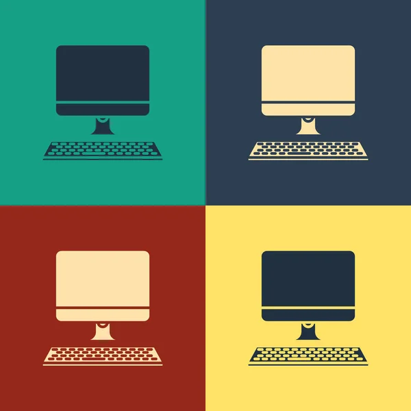 Monitor per computer a colori con icona della tastiera isolata su sfondo a colori. Segno componente PC. Disegno in stile vintage. Illustrazione vettoriale — Vettoriale Stock