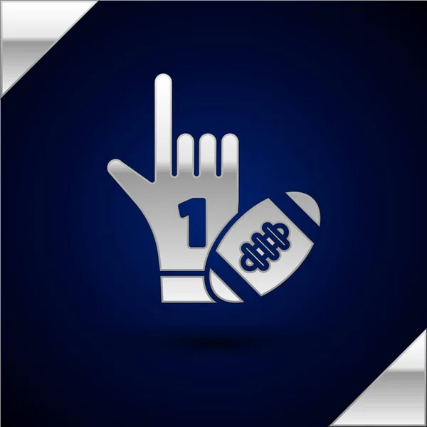 Zilveren nummer 1 1 fan hand handschoen met vinger verhoogd en American Football Ball pictogram geïsoleerd op donker blauwe achtergrond. Set sportuitrusting. Vector illustratie — Stockvector