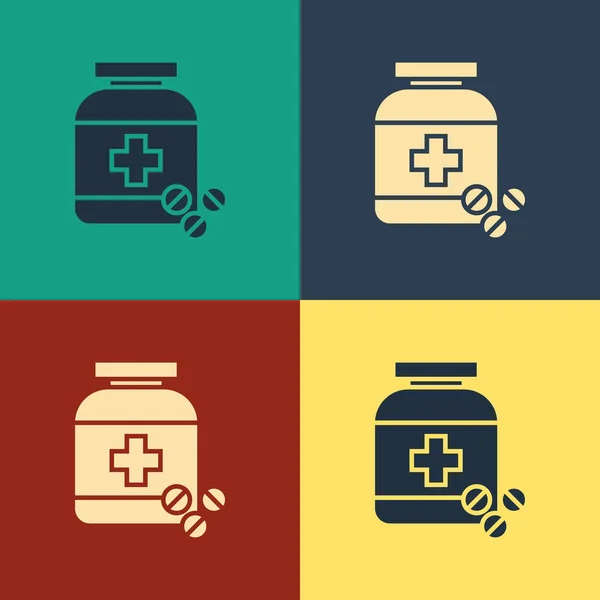 Frasco de medicina de color y pastillas icono aislado en el fondo de color. Signo de la píldora. Diseño de farmacia. Dibujo de estilo vintage. Ilustración vectorial — Vector de stock