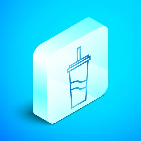 Línea isométrica Vidrio de papel con paja para beber e icono de agua aislado sobre fondo azul. Un vaso de refresco. Símbolo de bebida fría fresca. Botón cuadrado plateado. Ilustración vectorial — Vector de stock