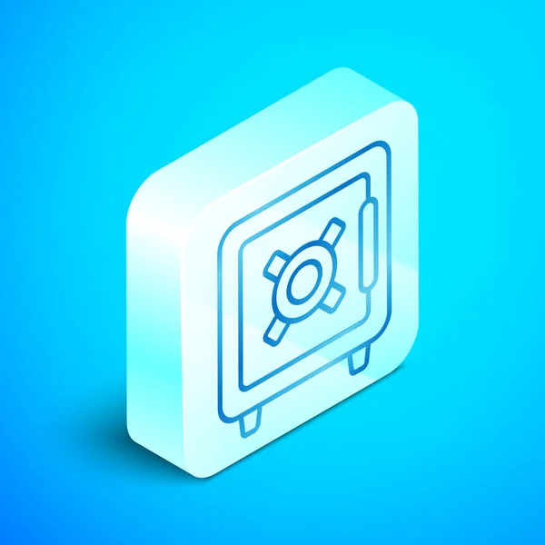 Isometric line Safe icon isolated on blue background. The door safe a bank vault with a combination lock. Reliable Data Protection. Silver square button. Vector Illustration — Stock Vector