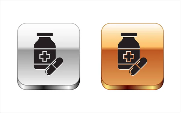 黑色药瓶和药片图标隔离在白色背景。瓶丸标志。药房设计。银金方形按钮。矢量插图 — 图库矢量图片