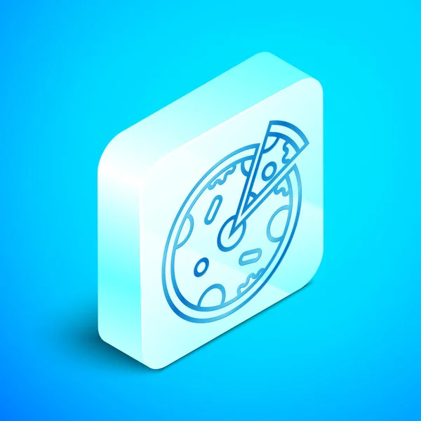 Linia izometryczna ikona pizzy izolowana na niebieskim tle. Menu Fast food. Srebrny kwadrat przycisk. Ilustracja wektorowa — Wektor stockowy